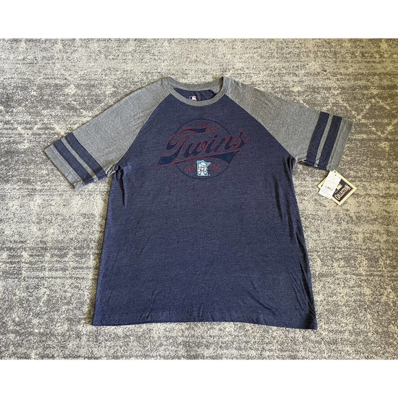 MLB Mens XL Shirt Twins Short Sleeve Blue Gray Stripe Baseball NWT O3 - Picture 1 of 9